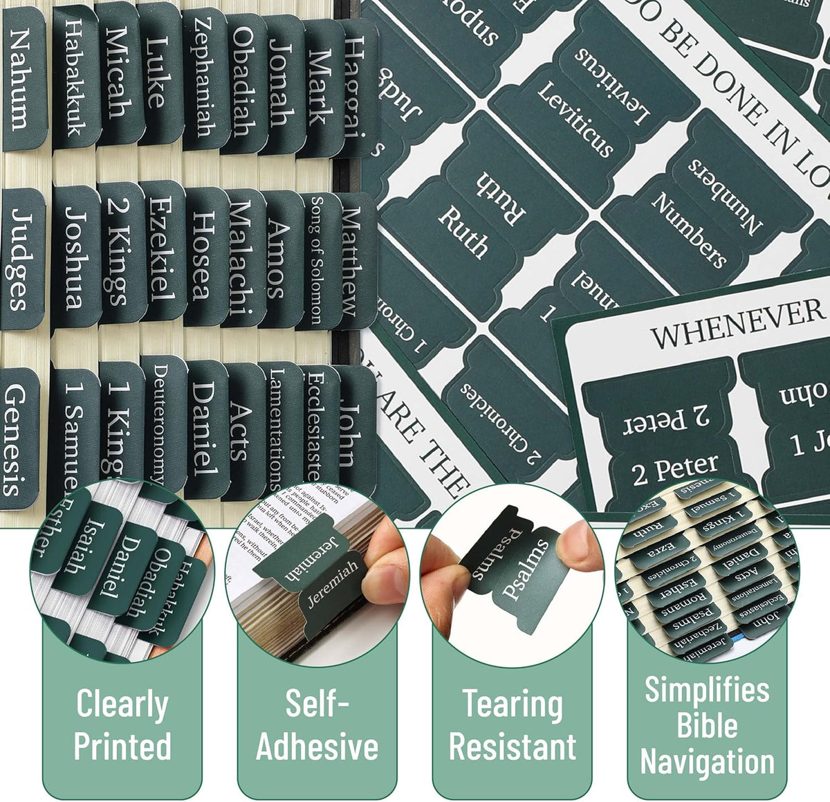 Mr. Pen- Laminated Bible Tabs, 75 pcs, Elegant Green, Easy-to-Read & Apply, Tear Resistant Index Tabs for Women and Men