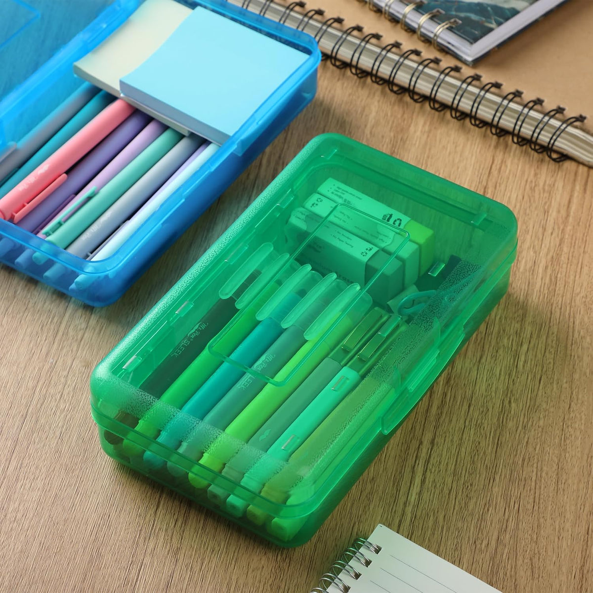 Mr. Pen- Clear Pencil Boxes, 2 Pack, Blue/Green, Snap-Tight Lid, Plastic Pencil Box Organizer