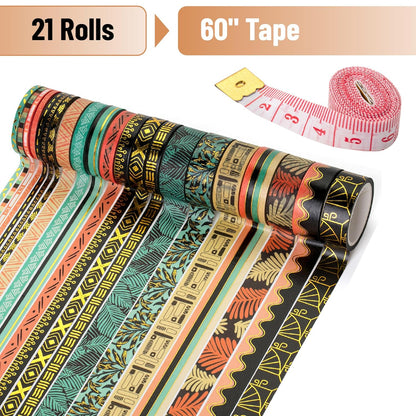 Mr. Pen- Washi Tape Set, 21 Rolls, Ethnic Elegance Design, Decorative Tape with Measure Tape