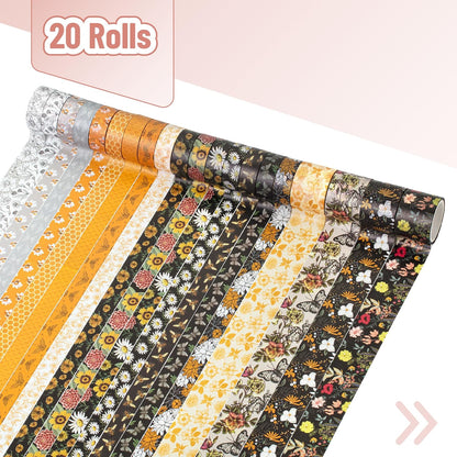 Washi Tape Set, 20 Rolls, Golden Hives Theme, Assorted Widths