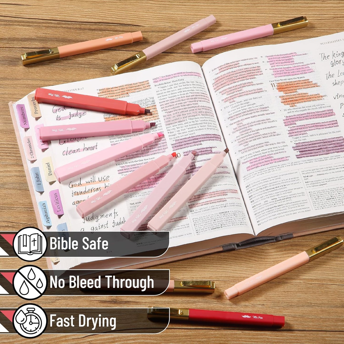 Aesthetic Highlighters and Pens No Bleed, 12 Pack, Shades of Pink, Bible Highlighters No Bleed, Black Ink Bible Pens, Highlighter Pens, No Bleed Highlighters for Bibles, Bible Pens