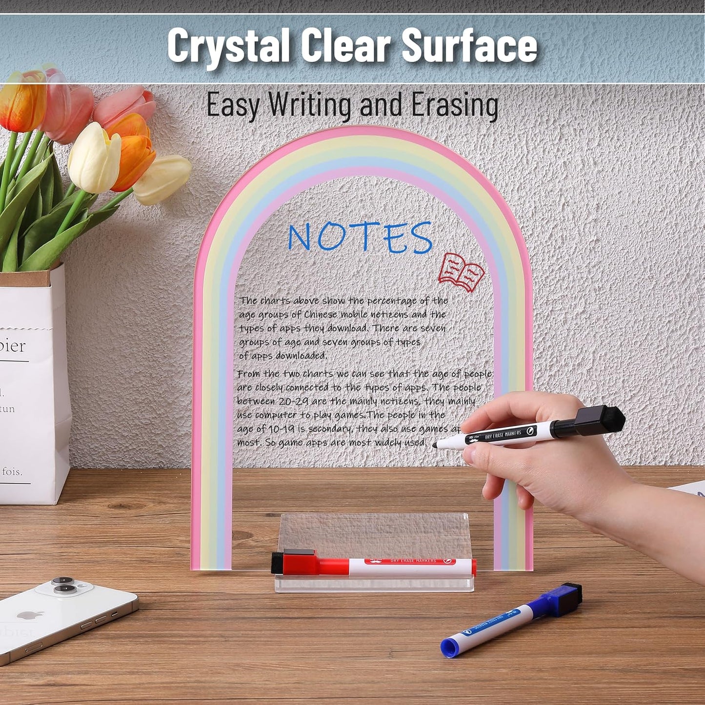Mr. Pen- Clear Acrylic Board with Stand, 11.8" x 9", 3 Markers, Rainbow Theme, Clear Dry Erase Board for Desk