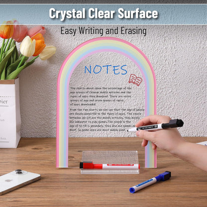 Mr. Pen- Clear Acrylic Board with Stand, 11.8" x 9", 3 Markers, Rainbow Theme, Clear Dry Erase Board for Desk