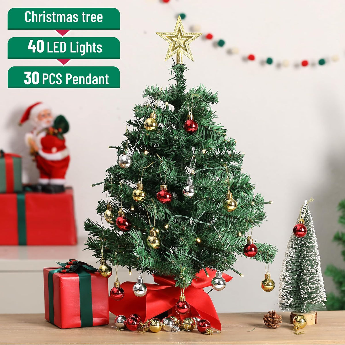 Mr. Pen- Mini Christmas Tree with 40 LED Lights, 23", Table Top Christmas Tree Small Christmas Tree with Lights and Hanging Ornaments