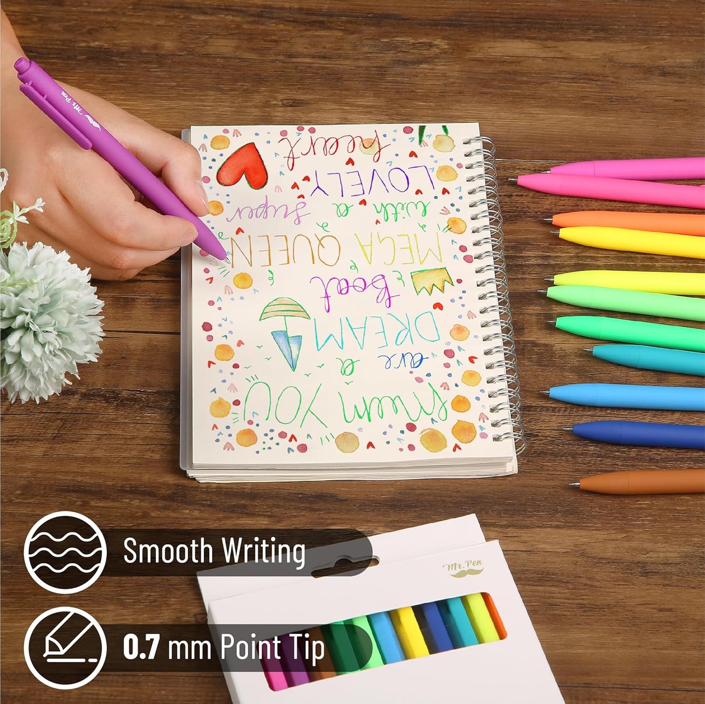 Retractable Gel Pens, 12 Pack, Bright Color Ink Gel Pens, Gel Pens Fine Point 0.7mm, Retractable Pens, Cute Pens, Gel Ink Pens, Aesthetic Pens for Journaling Fine Tip Pens