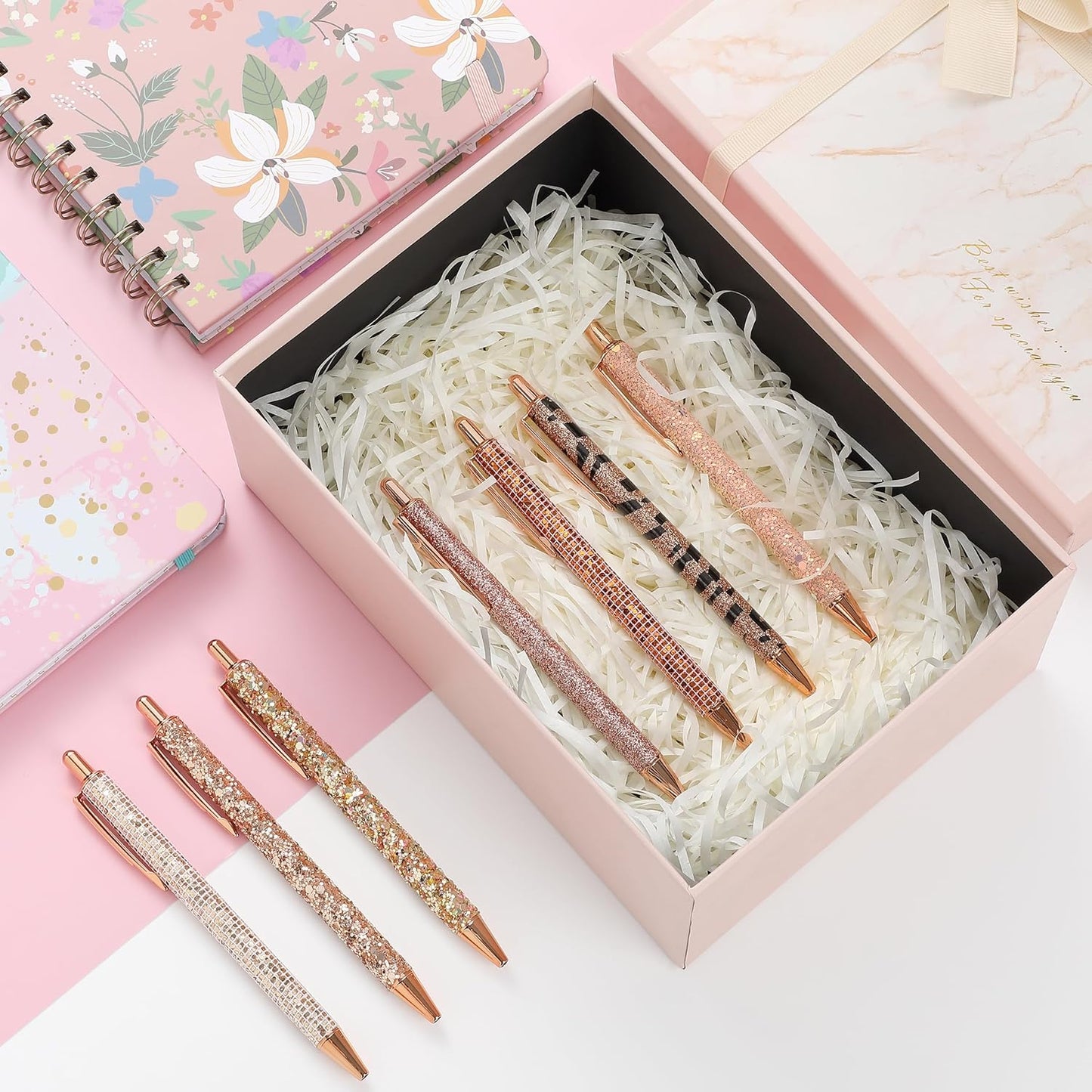 Mr. Pen- Fancy Pens for Women, 7 Black Ink Ballpoint Pens with 10 Refills, 1.0mm, Rose Gold Reverie, Glitter Cute Pens for Journaling