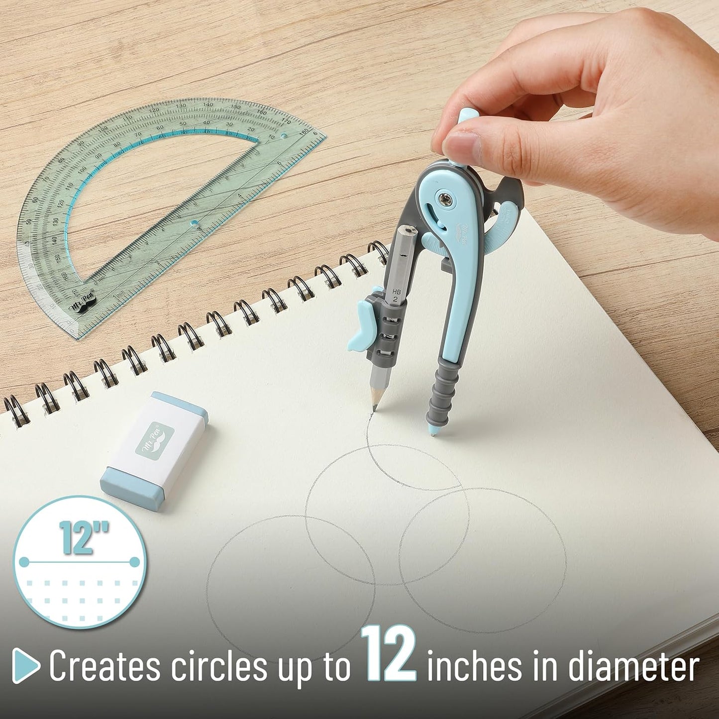 Mr. Pen- Compass and Protractor Set, Sky Blue, Compass Geometry Tool, Protractor and Compass Set, Compass Drawing Tool