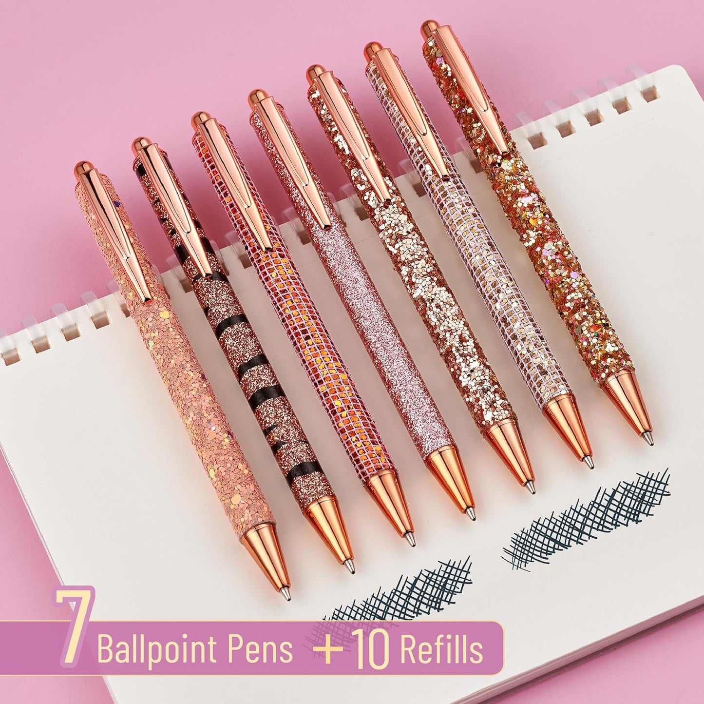 Mr. Pen- Fancy Pens for Women, 7 Black Ink Ballpoint Pens with 10 Refills, 1.0mm, Rose Gold Reverie, Glitter Cute Pens for Journaling