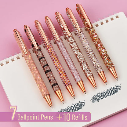 Mr. Pen- Fancy Pens for Women, 7 Black Ink Ballpoint Pens with 10 Refills, 1.0mm, Rose Gold Reverie, Glitter Cute Pens for Journaling