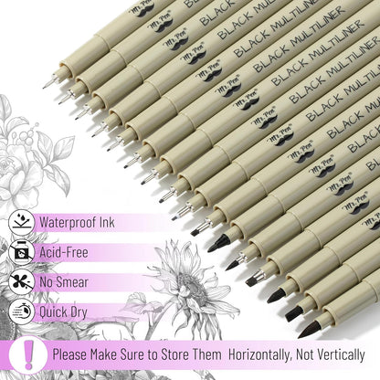Mr. Pen- Drawing Pens for Artists, 16 Sizes, Black Multiliner