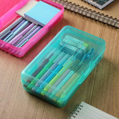 Mr. Pen- Clear Pencil Boxes, 7.9"x4.5"x2.4", 2 Pack, Pink and Turquoise, Snap-Tight Lid, Plastic Pencil Box Organizer