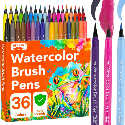 Watercolor Markers, 36 Pack, Brush Tip Pens, Water-Based, Non-Toxic