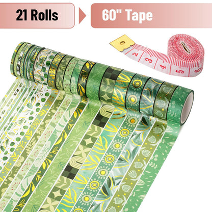 Mr. Pen- Washi Tape Set, 21 Rolls, Greenery Summer Design, Decorative Tapes with a Tape Measure