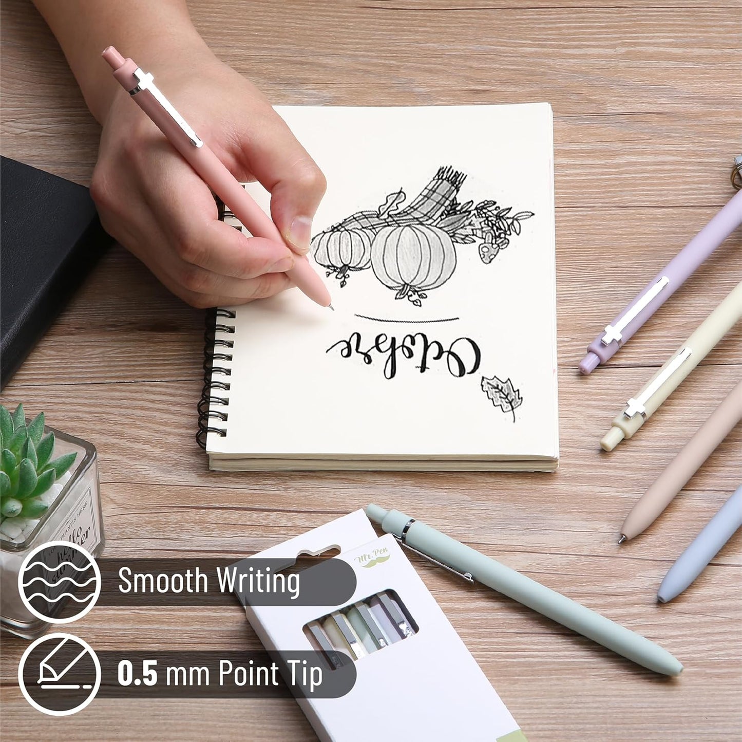 Mr. Pen- Retractable Gel Pens for Journaling, 6 Pack, 0.5 mm Black Ink, Soft Pastel Barrel with Silver Cross Clip, Smooth Writing Aesthetic Pens for Women