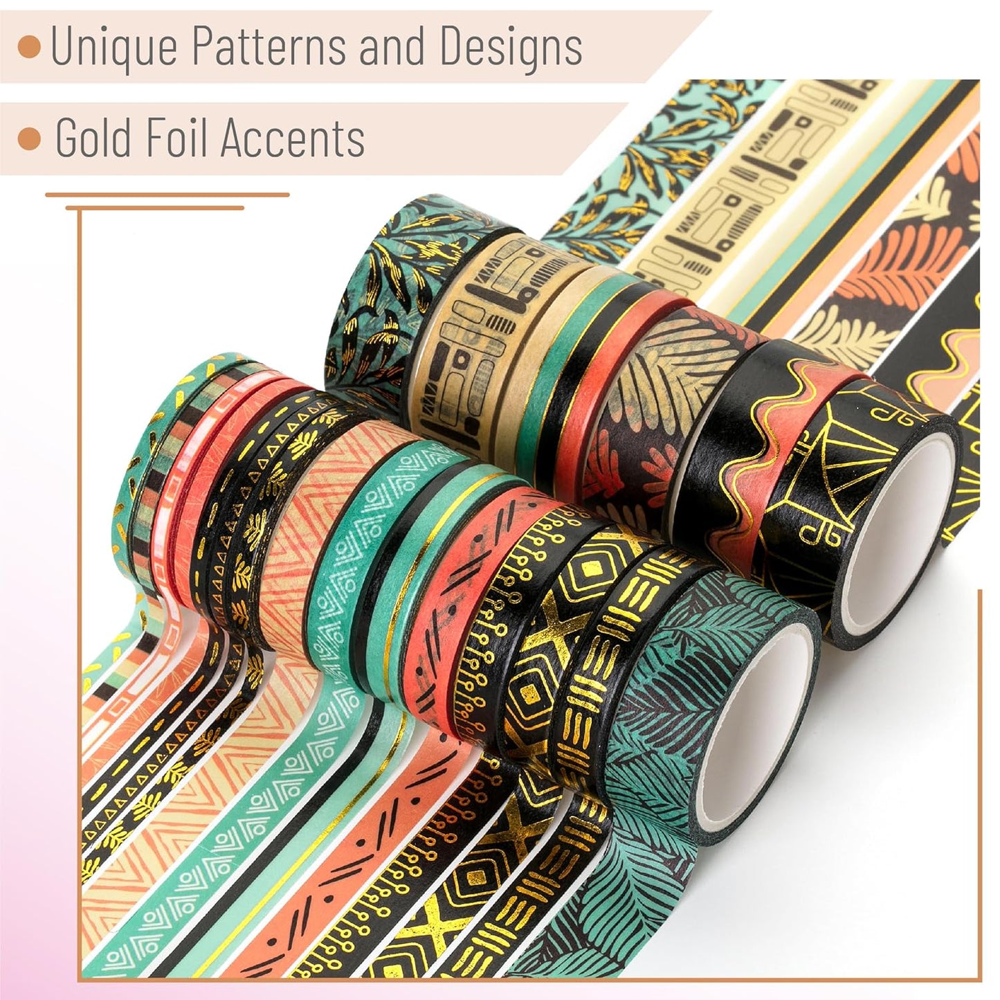 Mr. Pen- Washi Tape Set, 21 Rolls, Ethnic Elegance Design, Decorative Tape with Measure Tape