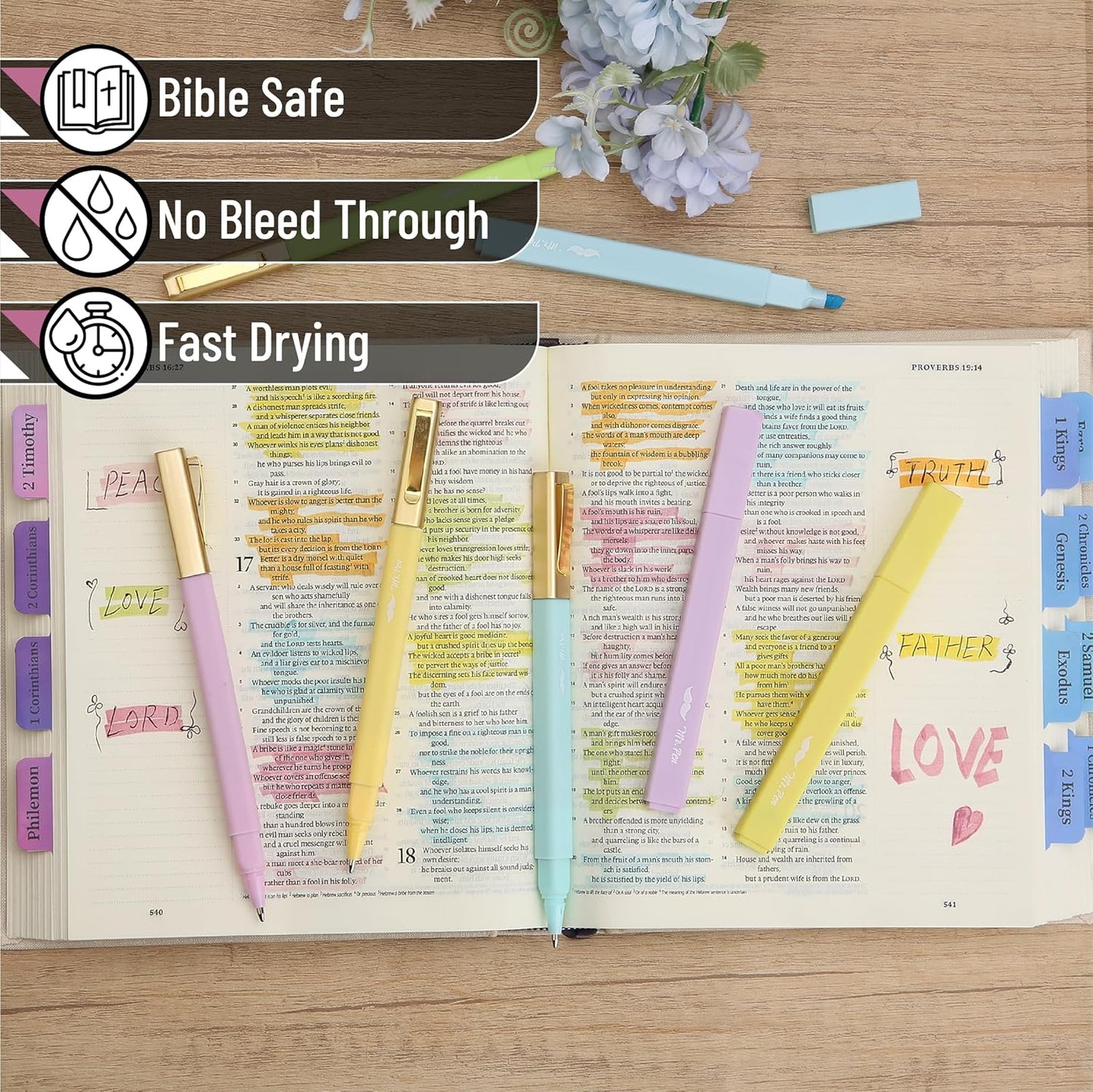 Aesthetic Highlighters and Pens No Bleed, 12 Pack, Pastel Color Bible Highlighters No Bleed, Black Ink Bible Pens, Highlighter Pens, No Bleed Highlighters for Bibles, Bible Pens