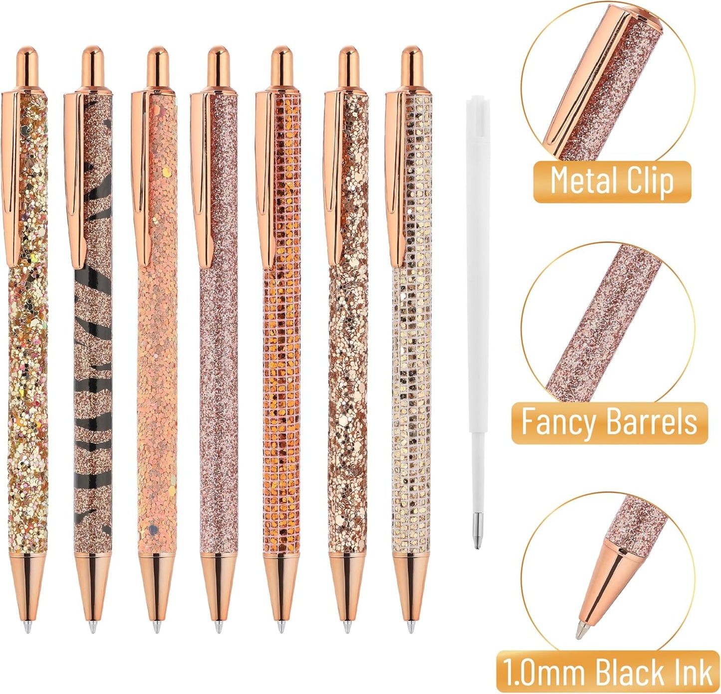 Mr. Pen- Fancy Pens for Women, 7 Black Ink Ballpoint Pens with 10 Refills, 1.0mm, Rose Gold Reverie, Glitter Cute Pens for Journaling