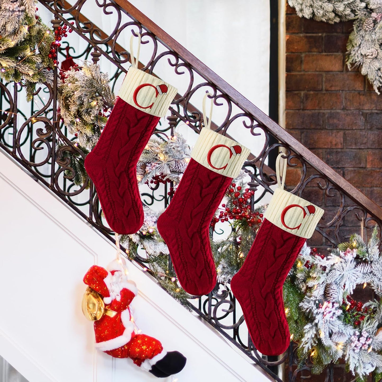 Mr. Pen- Christmas Stockings with Initials, 18", Letter C, Red and White, Cable Knit Stockings for Christmas