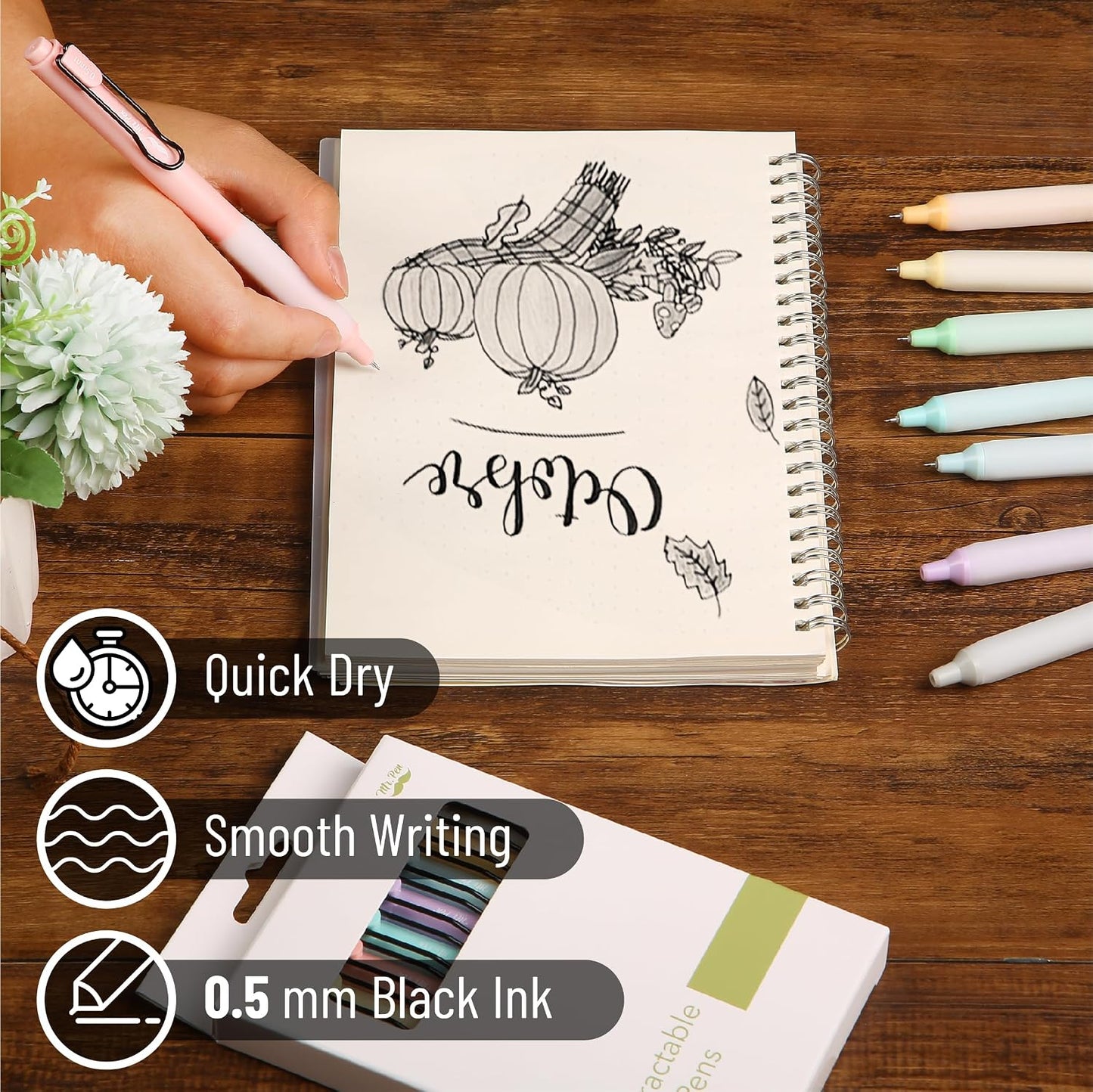 Mr. Pen- Retractable Gel Pens, 8 Pack, Black Ink, Pastel Barrels