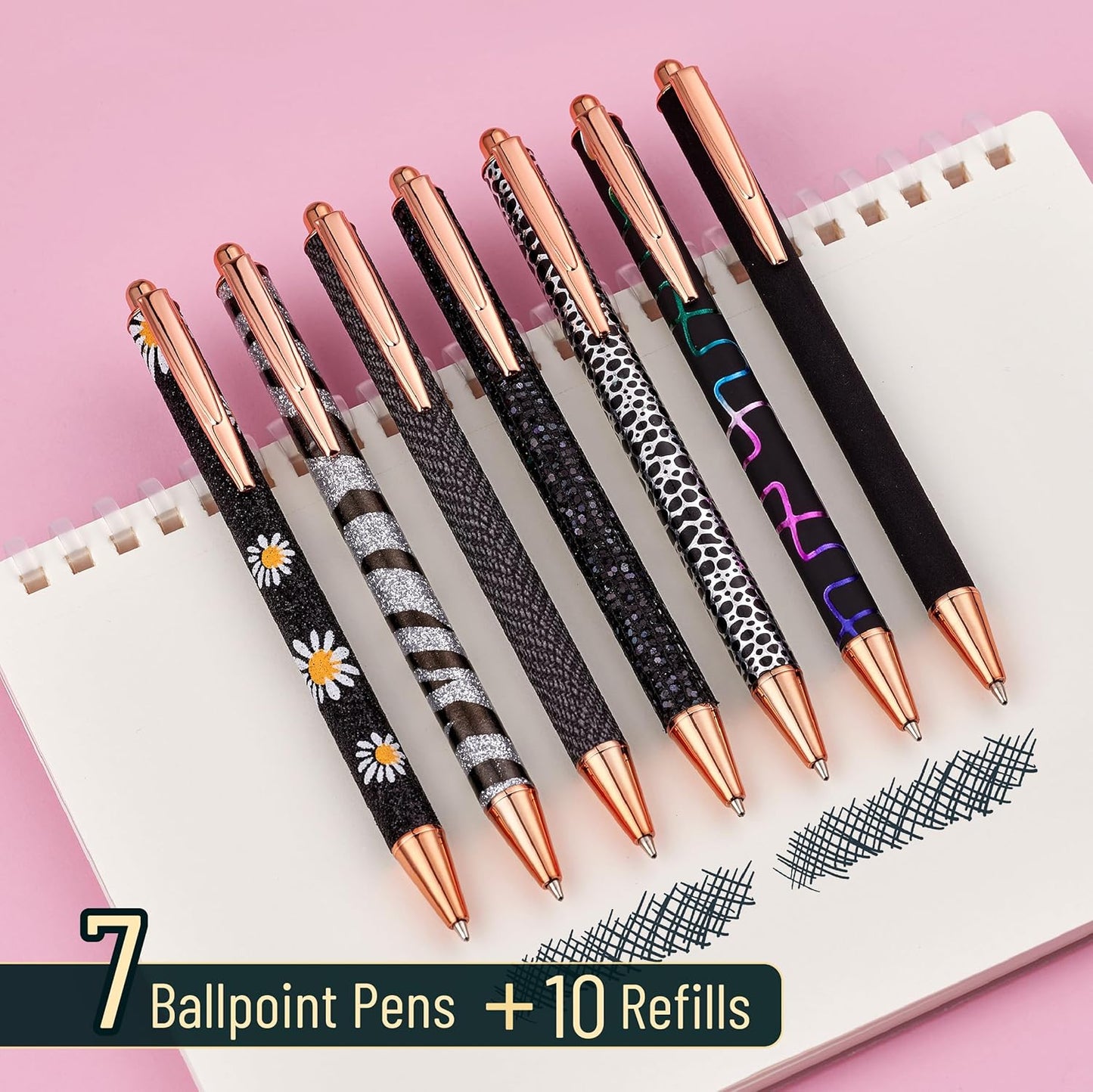 Mr. Pen- Fancy Pens for Women, 7 Black Ink Ballpoint Pens with 10 Refills, 1.0mm