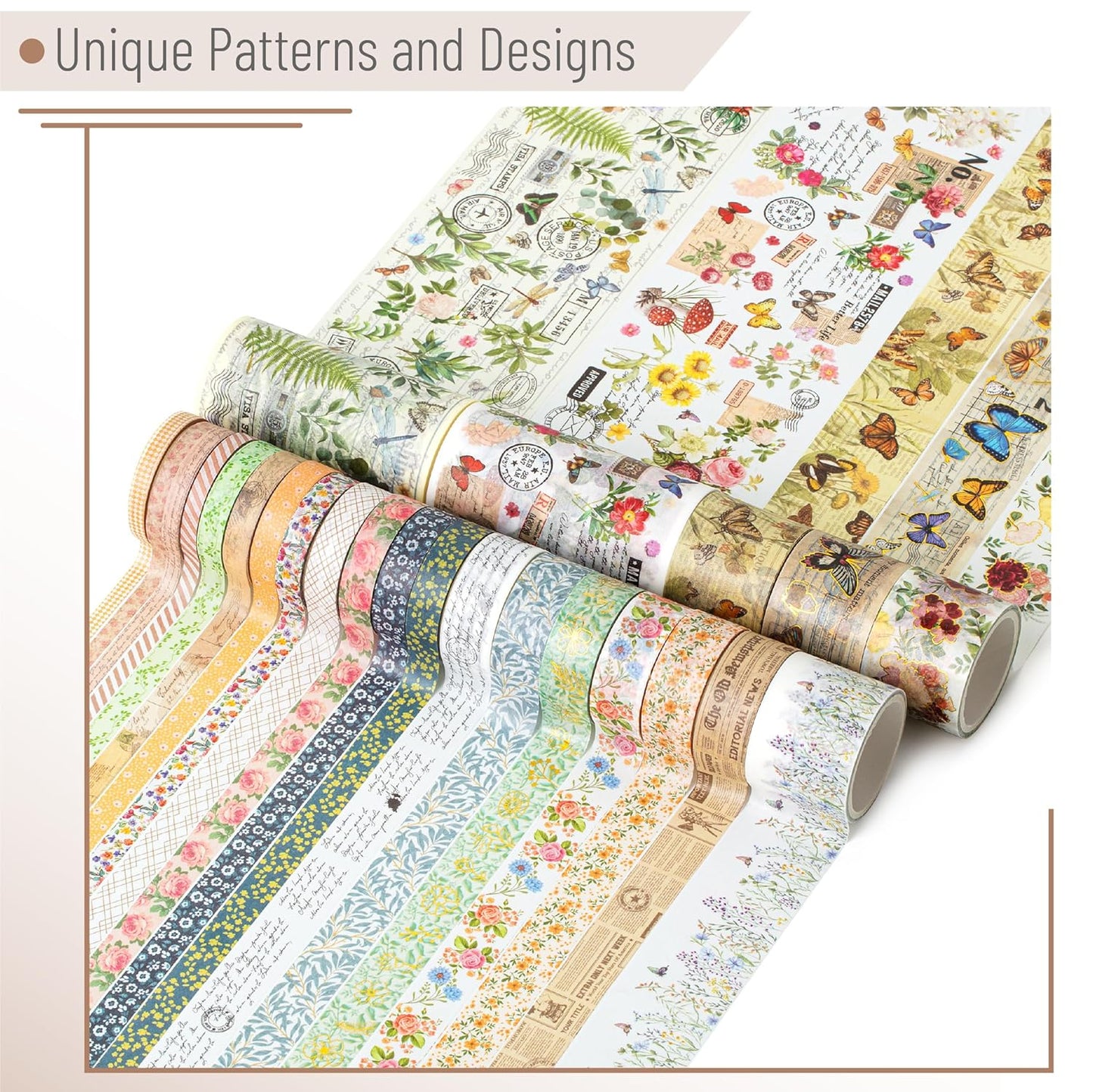 Flower Washi Tape Set, 24 Rolls, Vintage Botanical & Butterfly