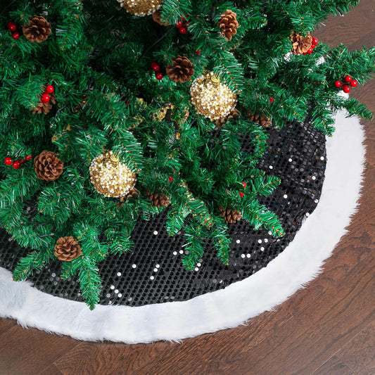 Mr. Pen- Christmas Tree Skirt 48 inches, Sparkling Black Sequin with White Faux Fur Christmas Tree Skirts