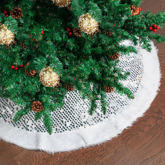 Mr. Pen- Christmas Tree Skirt 48 inches, Sparkling Silver Sequin with White Faux Fur Christmas Tree Skirts