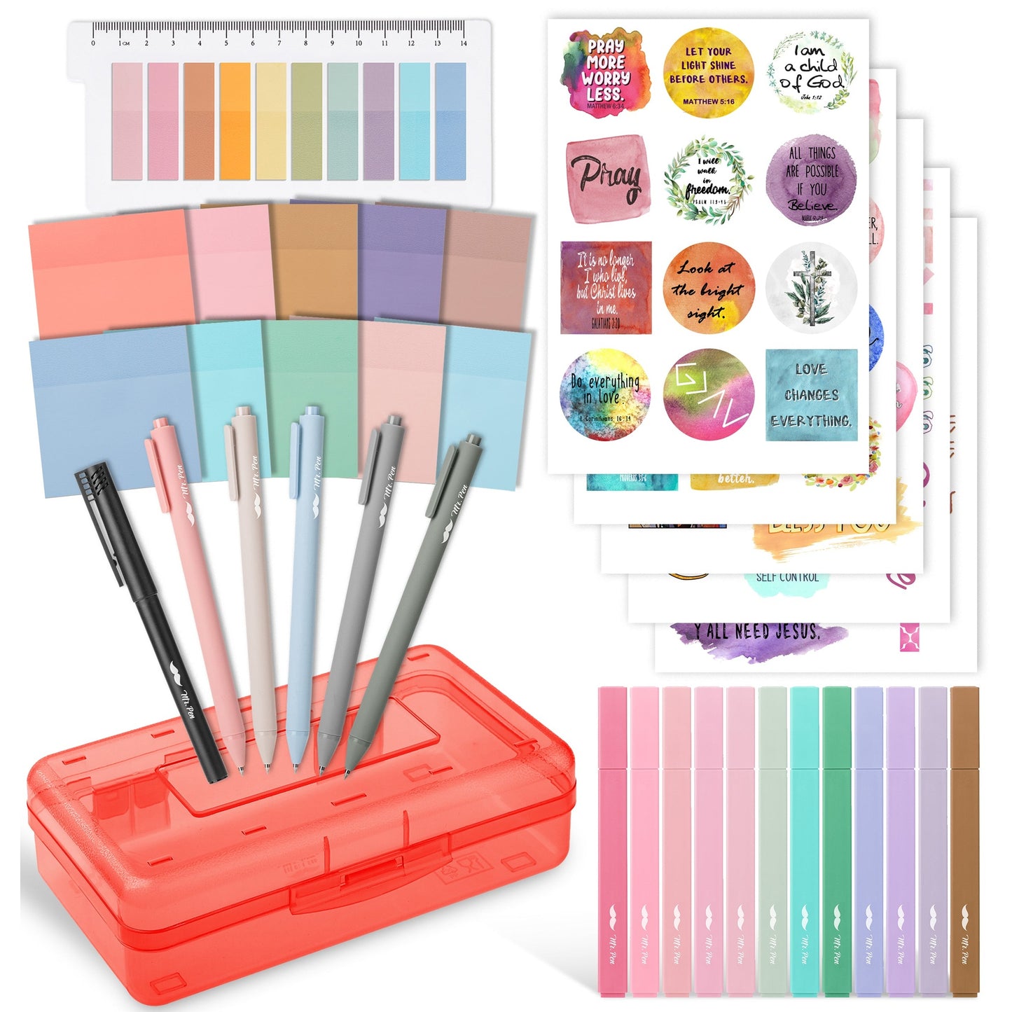 Mr. Pen Back to School Essentials, Gel Pens, Bible Chisel Tip Highlighters, Transparent Sticky Notes, Christian Stickers, Pencil Box, Bookmark