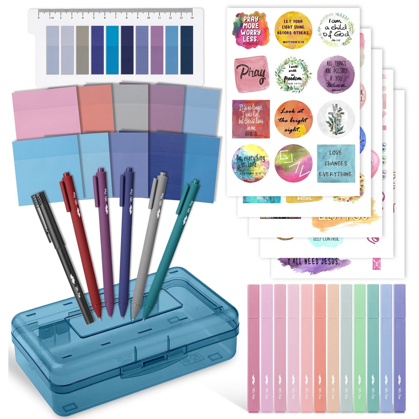 Mr. Pen Back to School Essentials, Gel Pens, Bible Chisel Tip Highlighters, Transparent Sticky Notes, Christian Stickers, Pencil Box, Bookmark