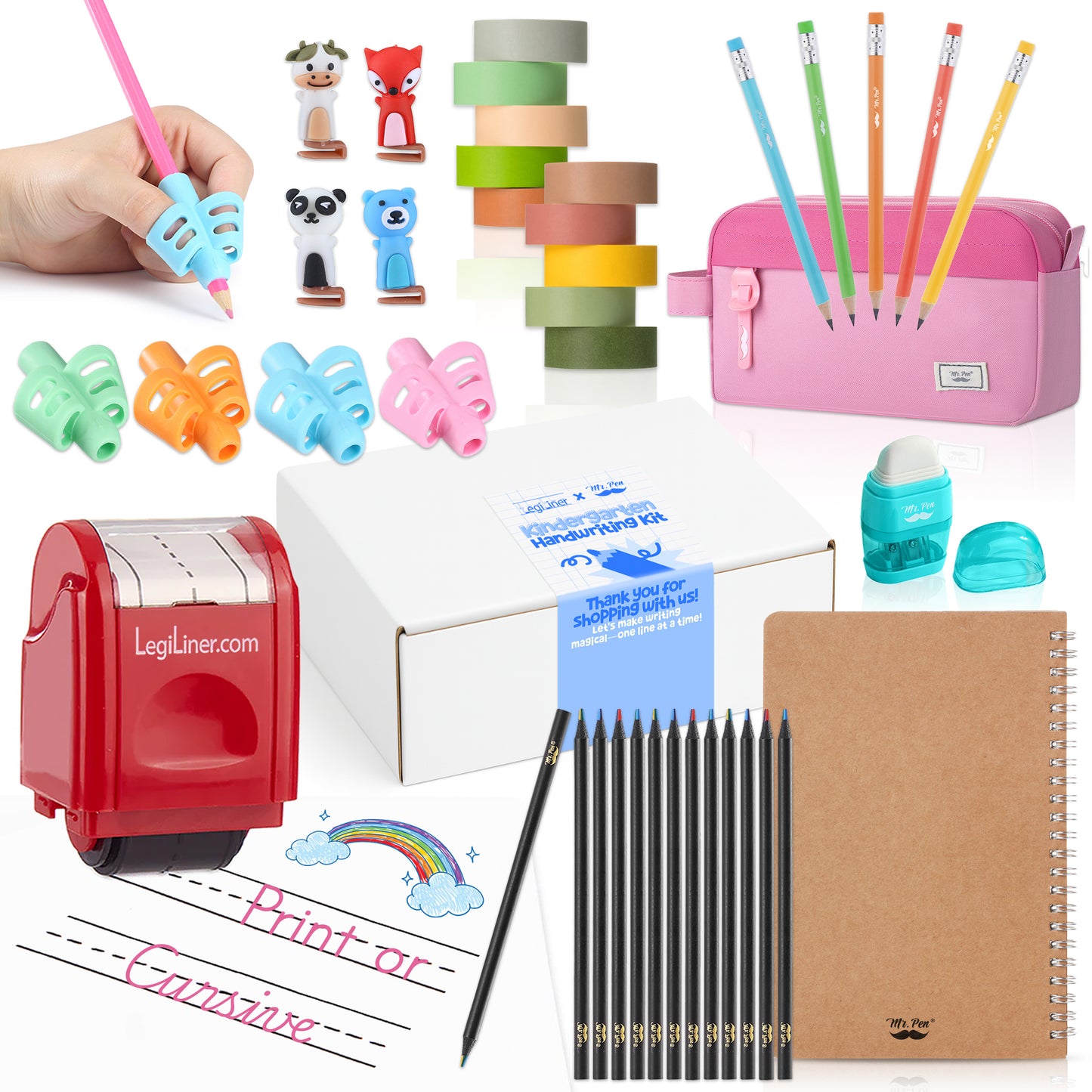 Mr. Pen x LegiLiner Handwriting Kit – Self-Inking Writing Stamp + Tools for Kids Learning to Write | Back to School Practice Set with Pencil Grips, Guide, Pouch & More