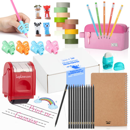 Mr. Pen x LegiLiner Handwriting Kit – Self-Inking Writing Stamp + Tools for Kids Learning to Write | Back to School Practice Set with Pencil Grips, Guide, Pouch & More