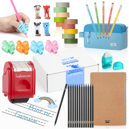 Mr. Pen x LegiLiner Handwriting Kit – Self-Inking Writing Stamp + Tools for Kids Learning to Write | Back to School Practice Set with Pencil Grips, Guide, Pouch & More