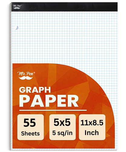 Graph Paper Pad 11x8.5, 5x5 Grid Paper, 3-Hole Punched, 55 Sheets