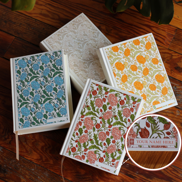 ESV Custom Single Column Journaling Bible®, Floral Hardcover with Name Box – Pink, Blue, Cream, or Marigold