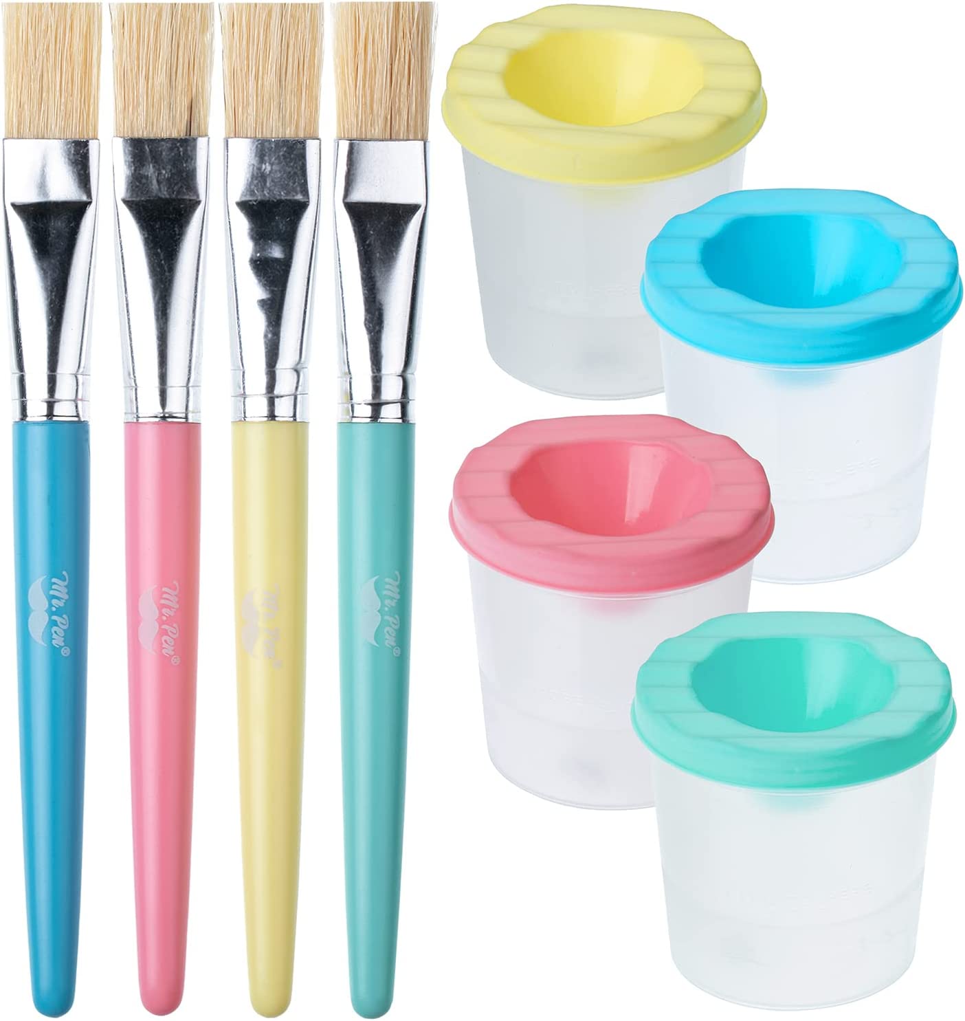 No Spill Paint Cups with Pastel Colored Lids, 4 pcs with 4 Paint Brushes, Paint Containers with Lids, Paint Cups with Lids for Kids, Paint Cups for Painting, Spill Proof Paint Cups for Kids