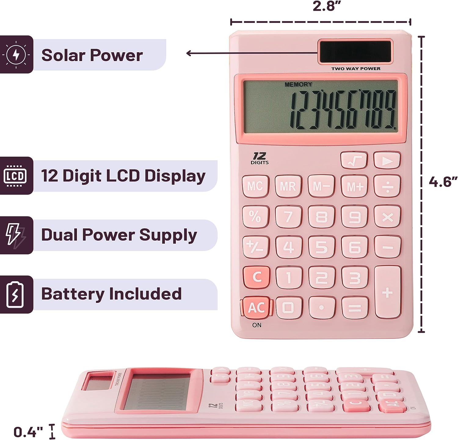 Standard Function Calculator, 12 Digits, Small Calculator, Light Pink Solar  Calculator, Pocket Calculator, Simple Calculator, Basic Office ...