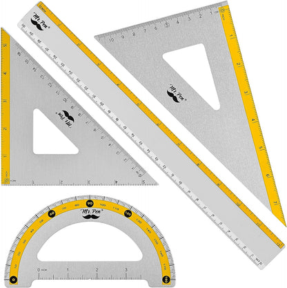 Geometry Set, Yellow Stripes, 4 Pack, Metal Geometry Kit, Triangle Ruler, Metal Ruler, Drafting Triangles, Metal Protractor, Metal Set Square, Drafting Ruler, Drafting Set