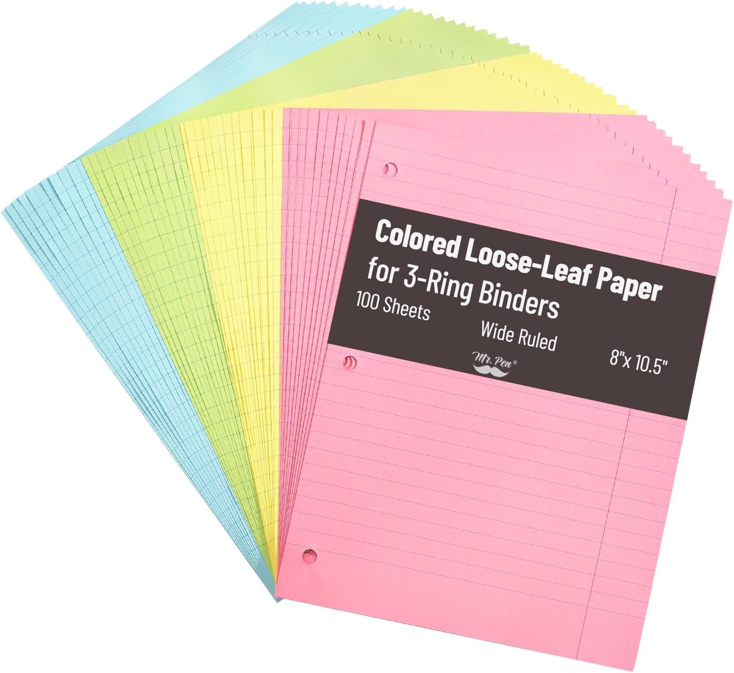 Colored Loose Leaf Paper Wide Ruled, 100 Sheets, 8” x 10.5”, 3- Hole Punched, Notebook Paper, Lined Paper, Binder Paper, Writing Paper, Filler Paper, Wide Ruled Notebook Paper