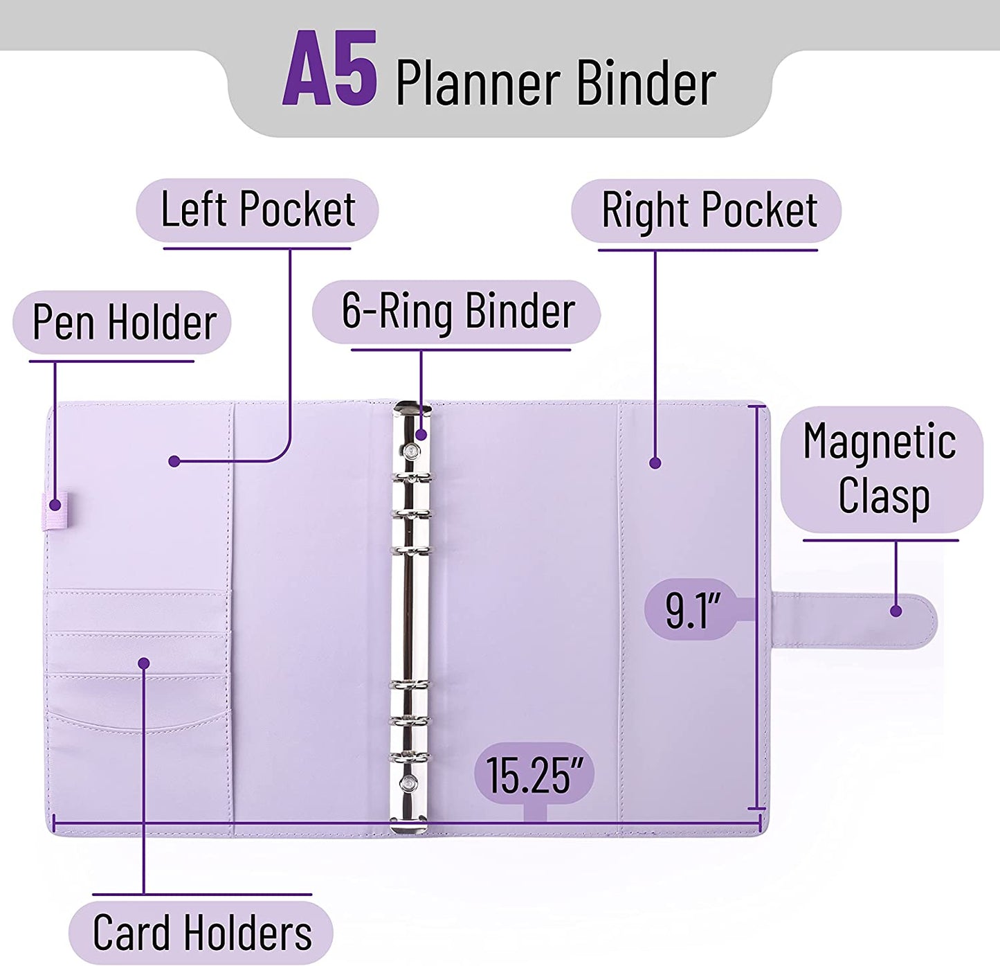 Leather Planner Binders, Composition Notebook Cover Refillable, Wallet Binder, 6 Ring (A5, Purple)