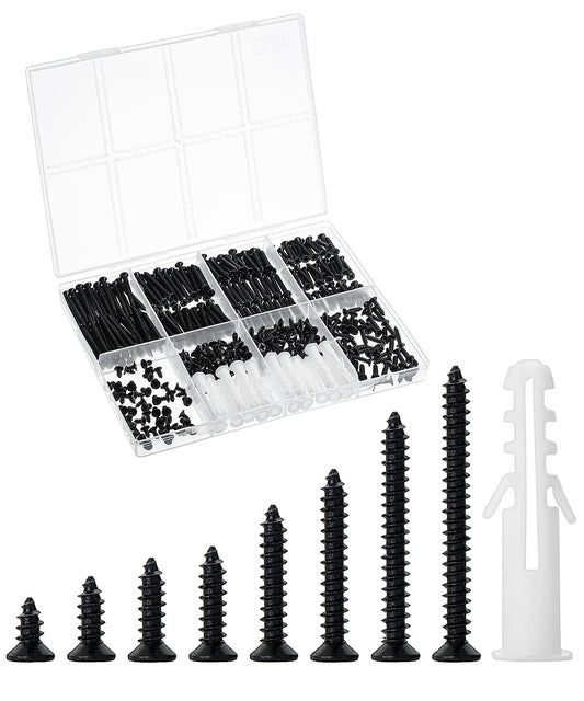 Wood Screws Assortment Kit, 400 pcs, 20 M6 Screw Anchor, Black Wood Screws Phillips Tips, Assorted Screws, Screw Assortment, Screw Set Assortment, Screw Kit, Flat Head Screws, M3 Screw