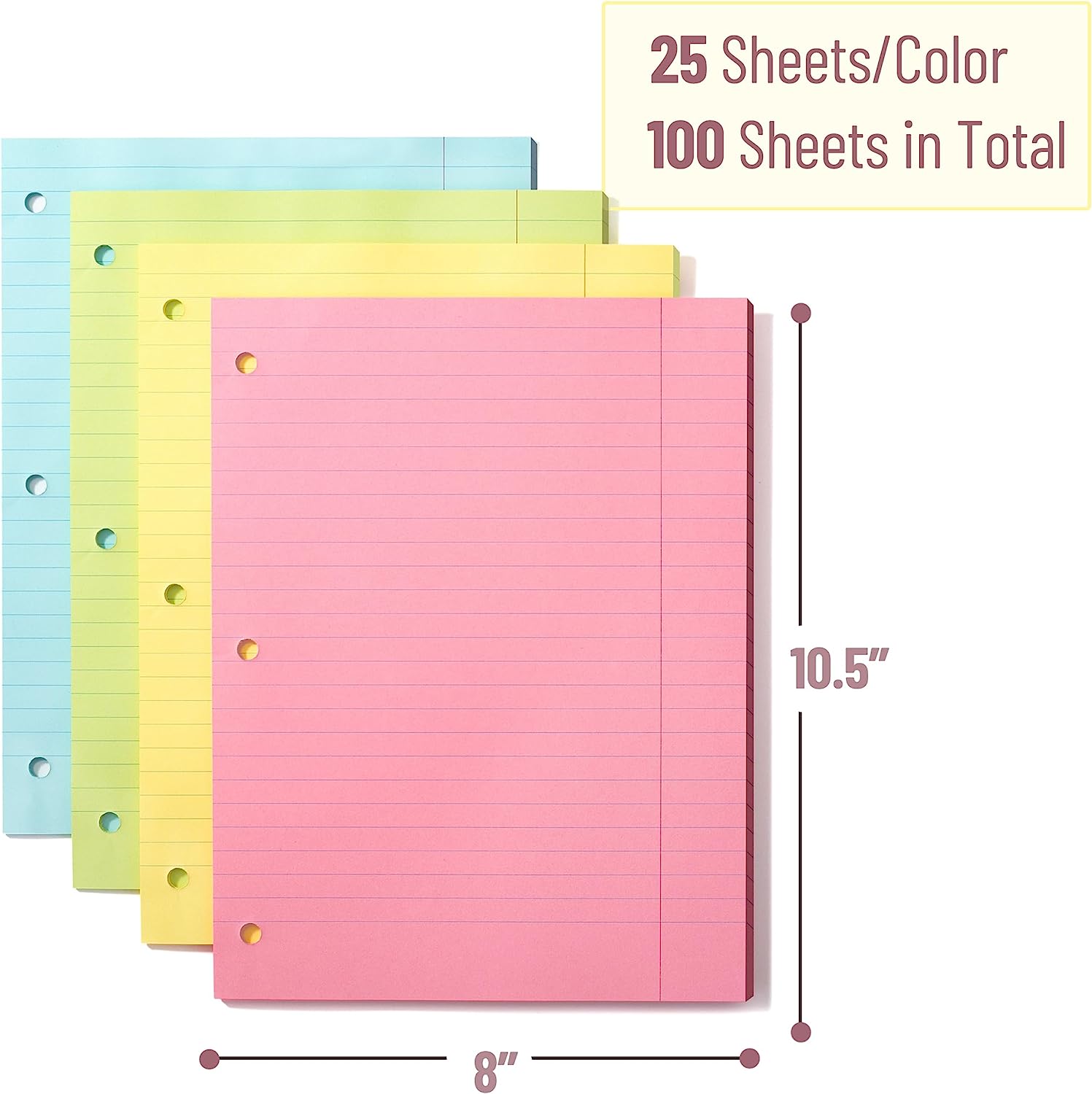Colored Loose Leaf Paper Wide Ruled, 100 Sheets, 8” x 10.5”, 3- Hole Punched, Notebook Paper, Lined Paper, Binder Paper, Writing Paper, Filler Paper, Wide Ruled Notebook Paper