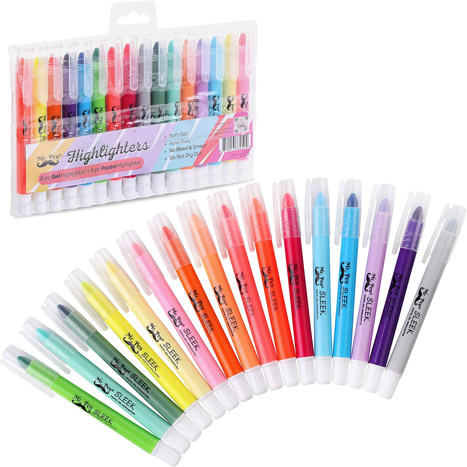 Mr. Pen- No Bleed Gel Highlighter, 16 Pcs (8 Pastel Colors and 8 Vibrant  Colors)