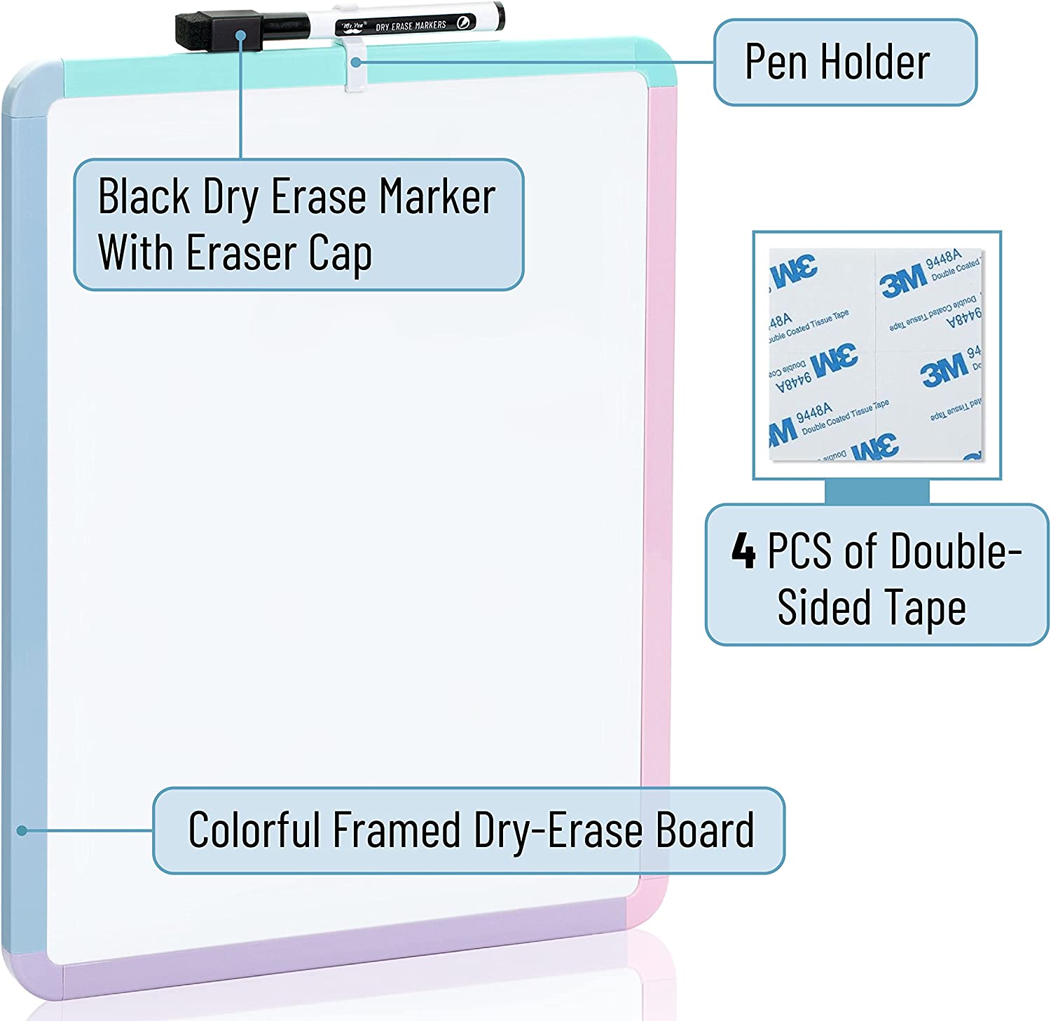 Dry Erase Board, 14” x 11” with a Black Dry Erase Marker, Colorful Frame,  Small White Board - Mr. Pen Store