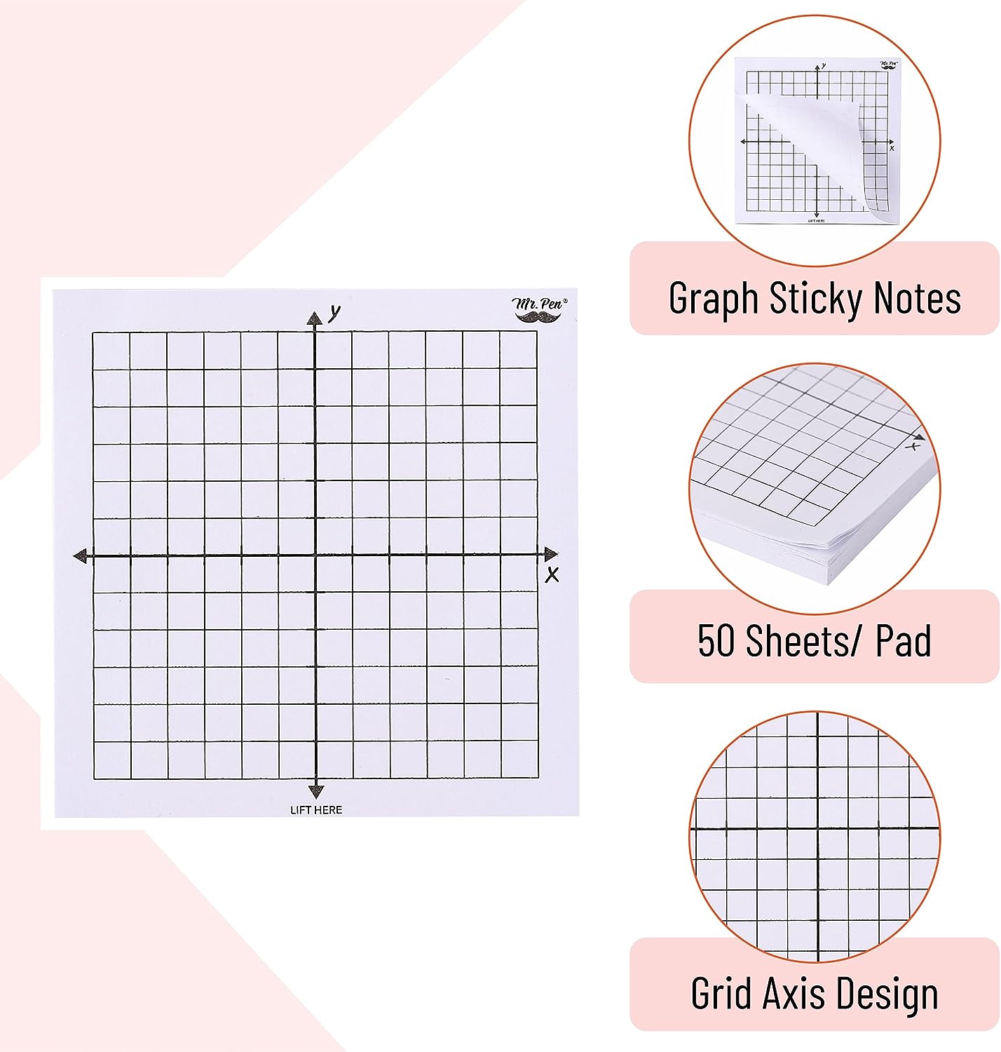 Graph Paper Sticky Notes, 6 Pads, 3×3 Inch